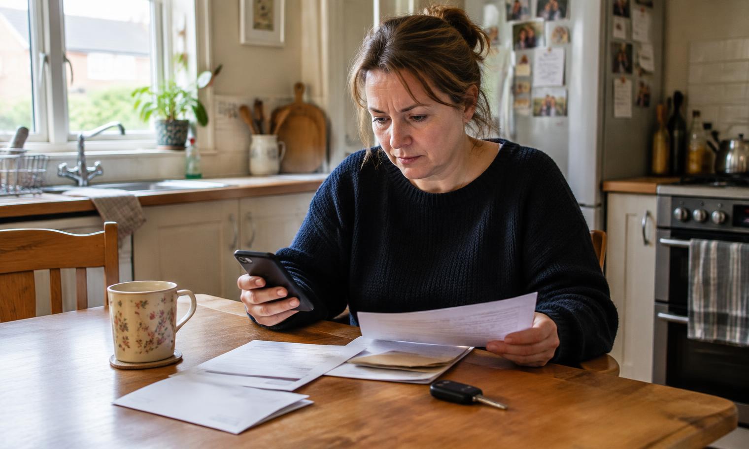 Woman at her kitchen table checking finance paperwork and her phone, with a car key beside her